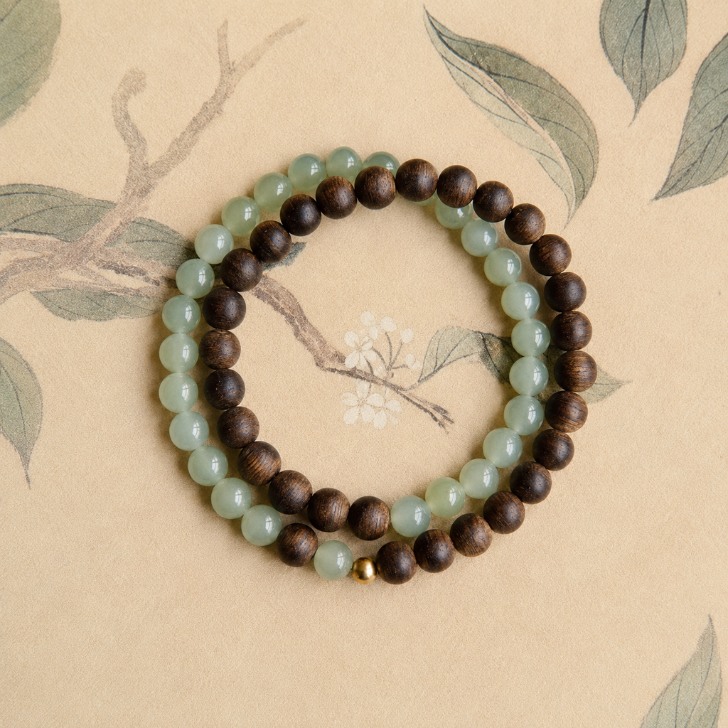 Agarwood & Light Green Crystal Double-Strand Bracelet