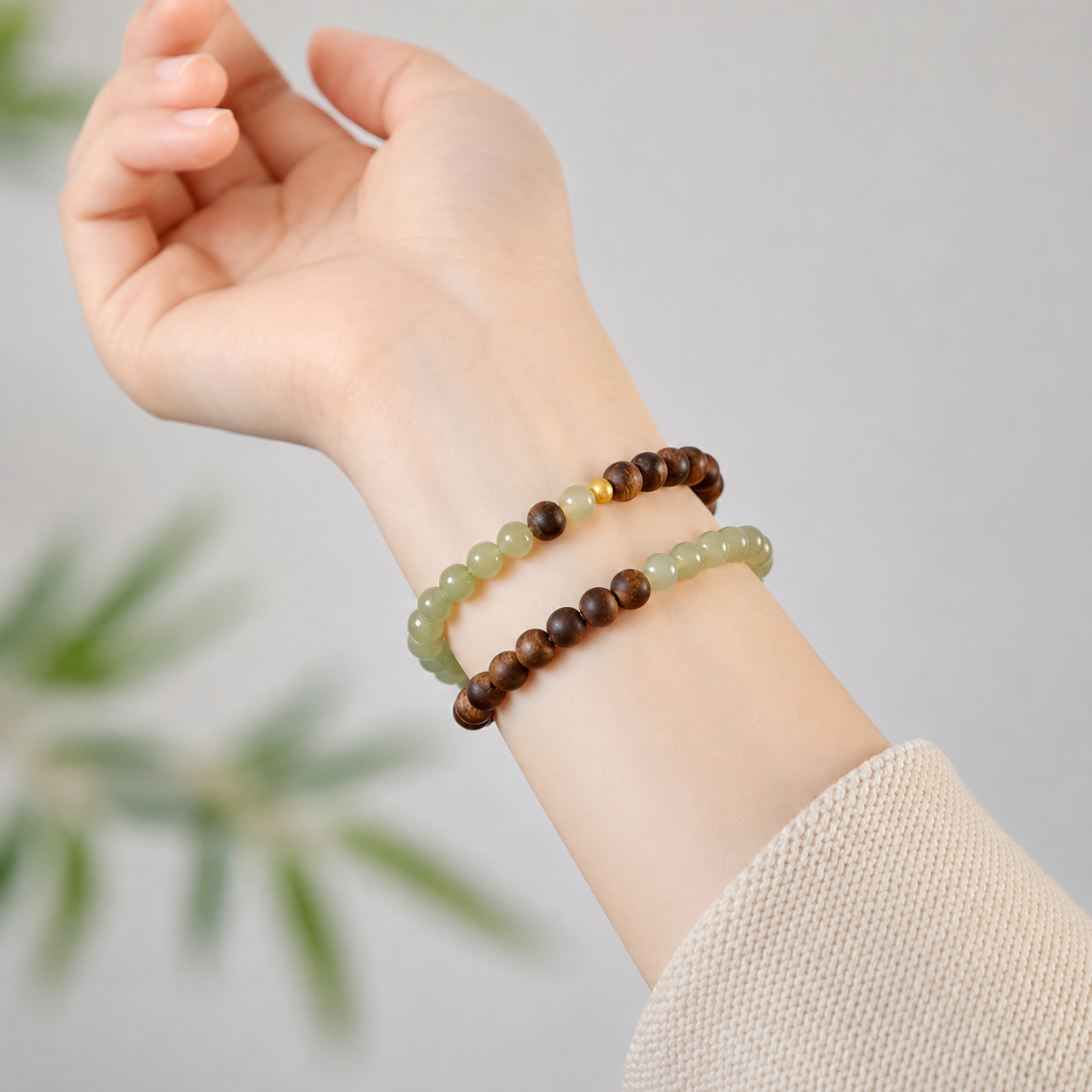 Agarwood & Light Green Crystal Double-Strand Bracelet