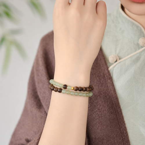 Agarwood & Light Green Crystal Double-Strand Bracelet
