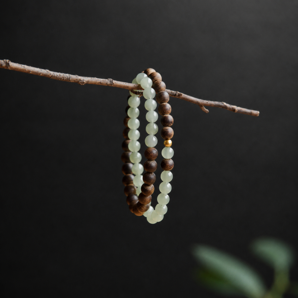 Agarwood & Light Green Crystal Double-Strand Bracelet