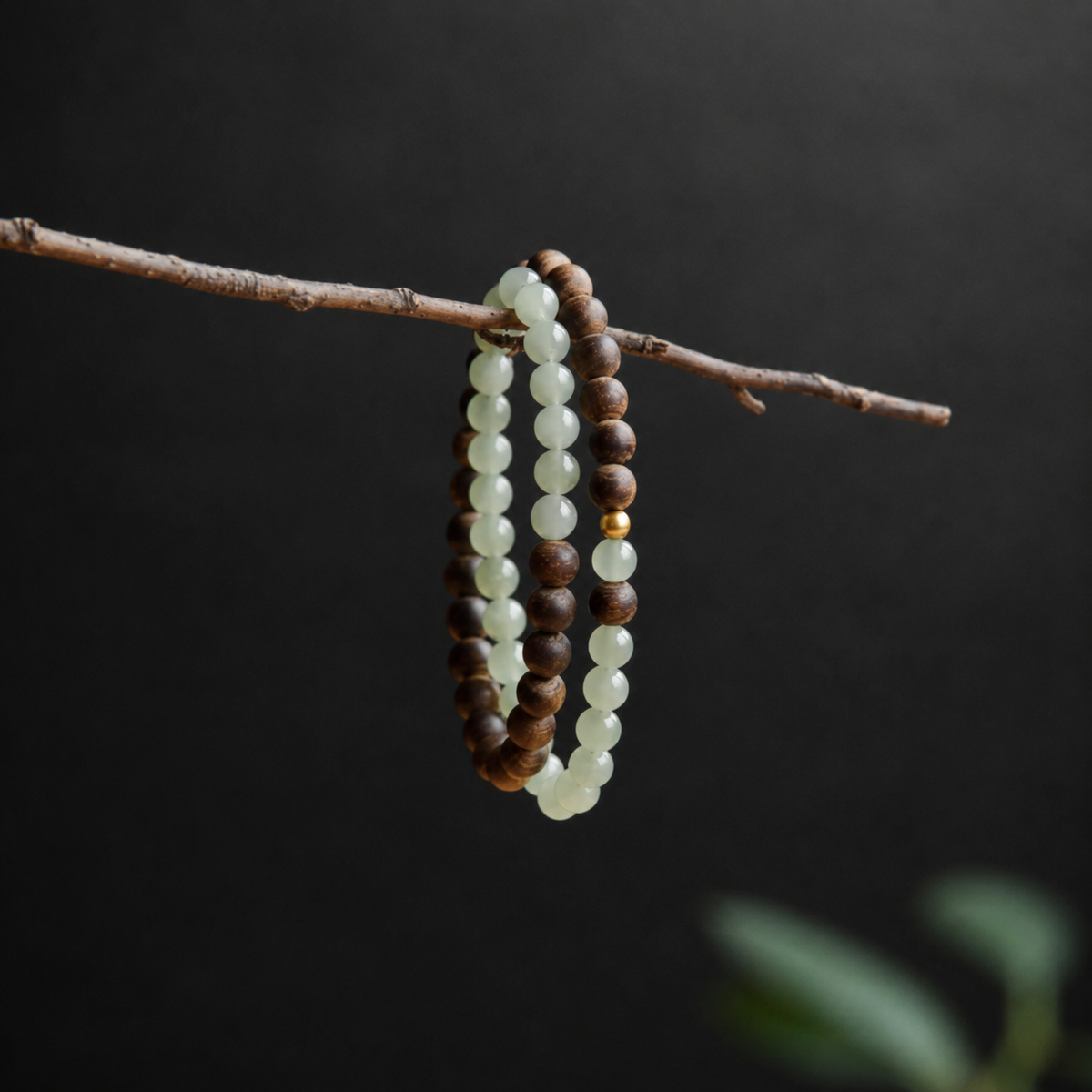 Agarwood & Light Green Crystal Double-Strand Bracelet