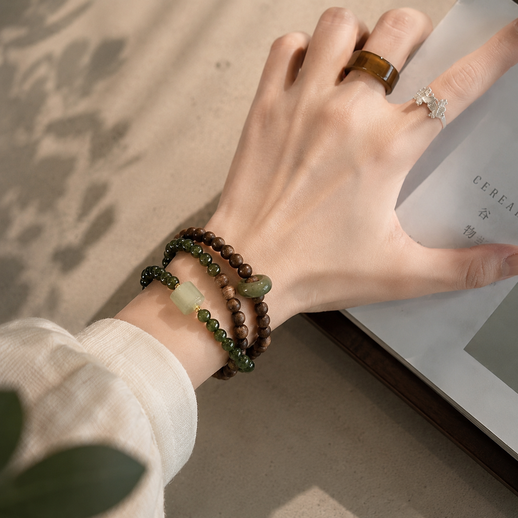 Agarwood & Misty Green Jade Bead Bracelet