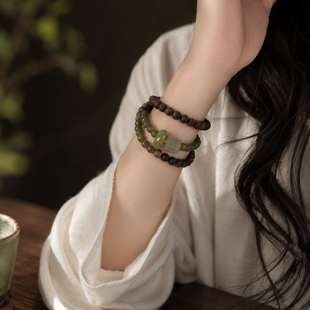 Agarwood & Misty Green Jade Bead Bracelet